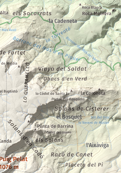 Mapa de relieve de Puig Pelat, 1076 m, Baix Camp, lámina 100 Cims de Trobart. Detalle de la zona superior derecha. 21 × 30 cm.