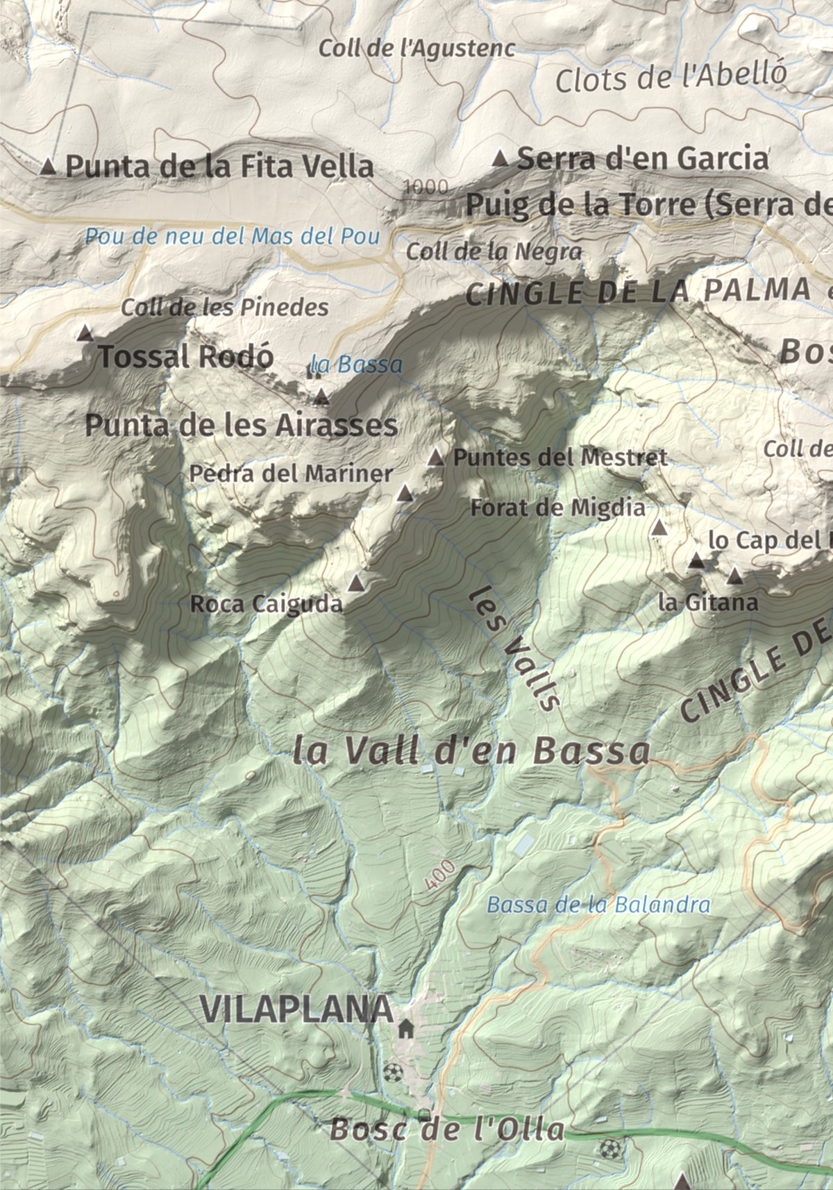 Mapa de relieve de Puig Pelat, 1076 m, Baix Camp, lámina 100 Cims de Trobart. Detalle de la zona inferior izquierda. 21 × 30 cm.