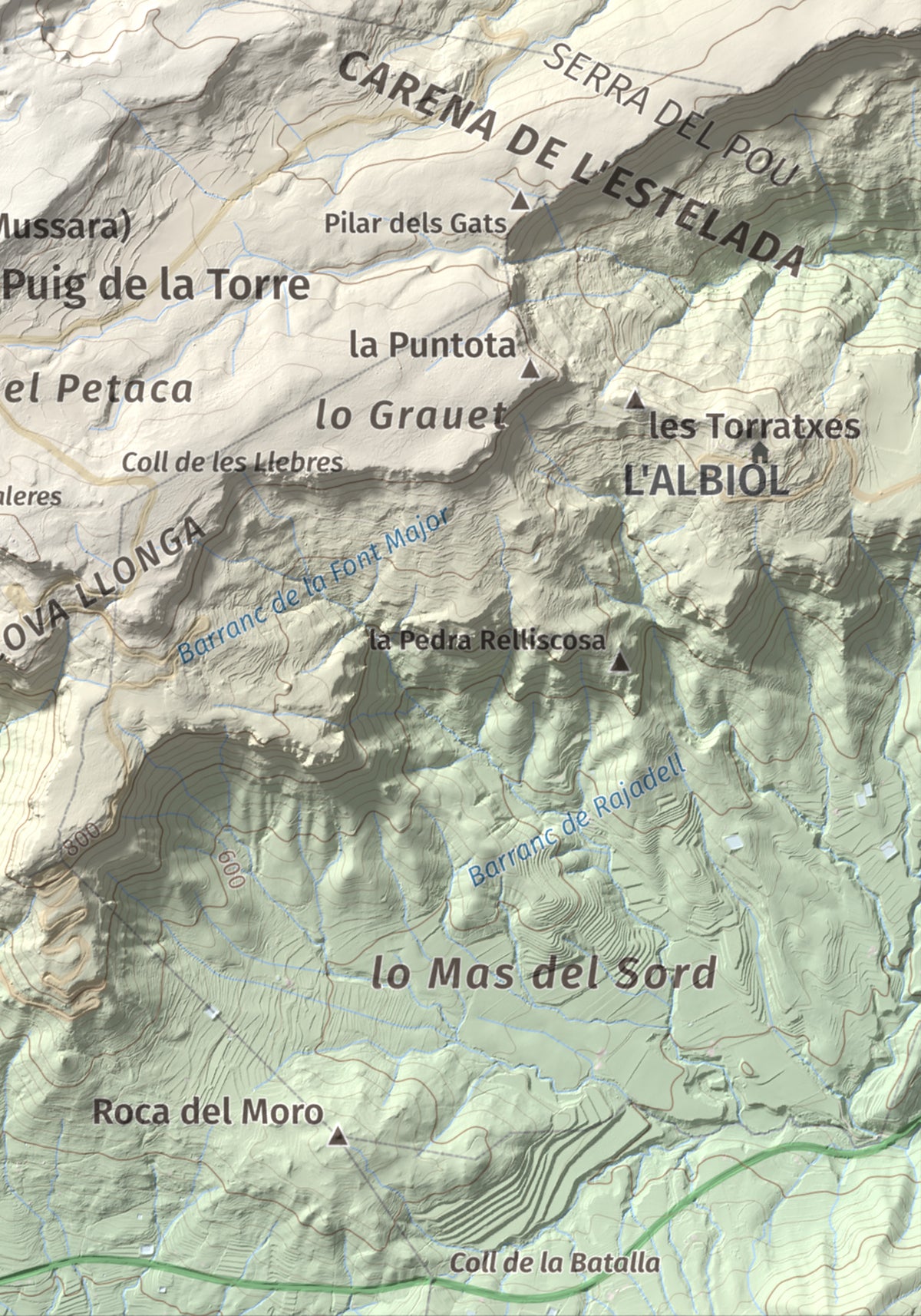 Mapa de relieve de Puig Pelat, 1076 m, Baix Camp, lámina 100 Cims de Trobart. Detalle de la zona inferior derecha. 21 × 30 cm.