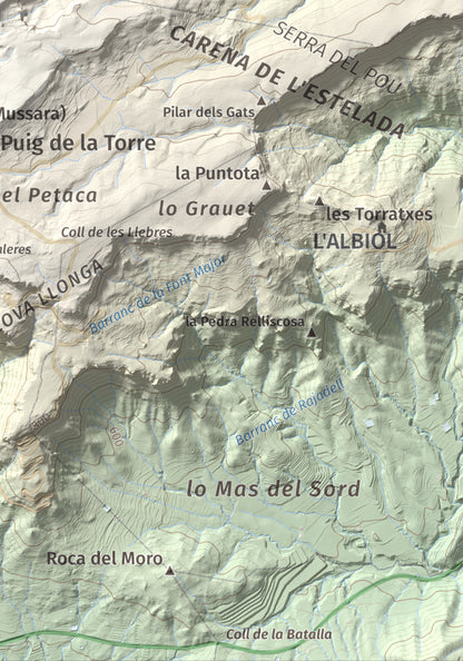 Mapa de relieve de Puig Pelat, 1076 m, Baix Camp, lámina 100 Cims de Trobart. Detalle de la zona inferior derecha. 21 × 30 cm.