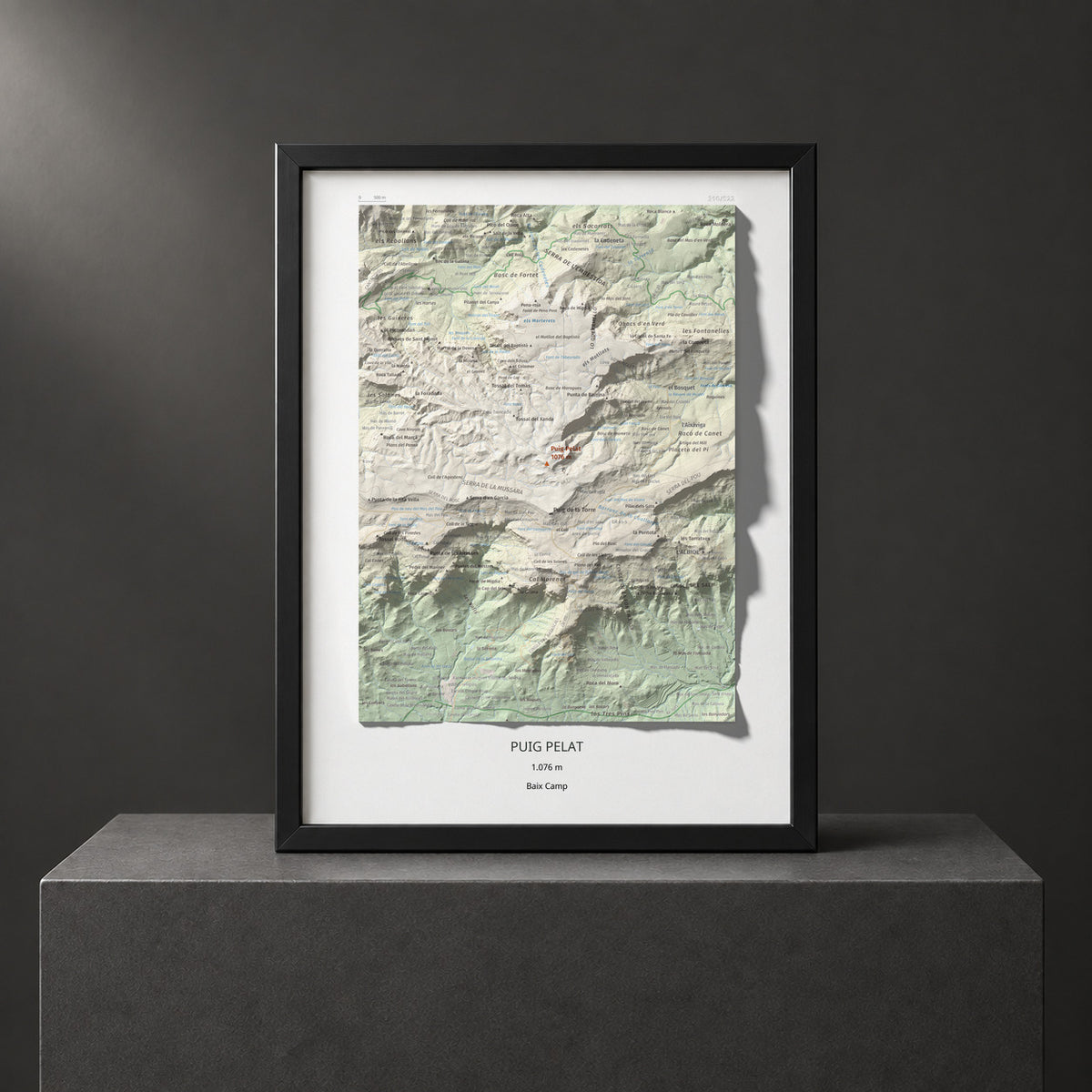 Mapa de relieve de Puig Pelat, 1076 m, Baix Camp, lámina 100 Cims de Trobart. Presentación enmarcada. 30 × 40 cm.