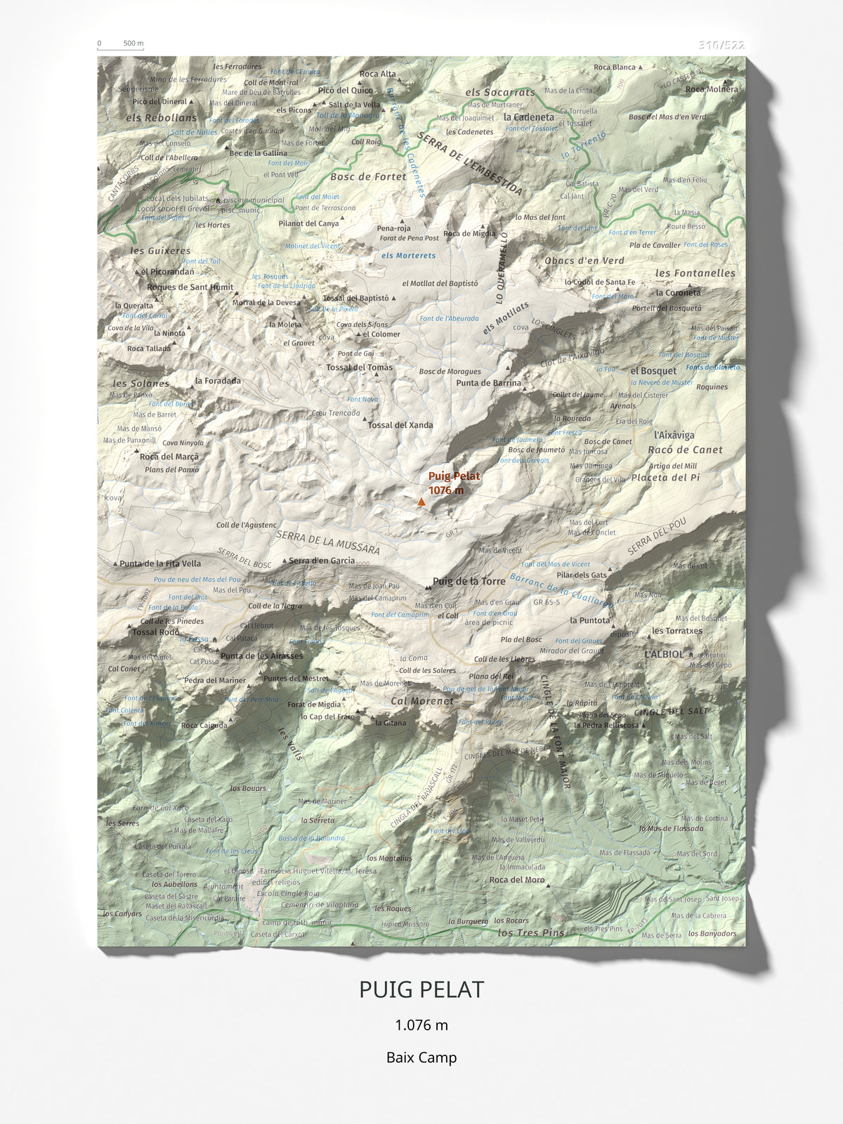 Mapa de relieve de Puig Pelat, 1076 m, Baix Camp, lámina 100 Cims de Trobart 30 × 40 cm.