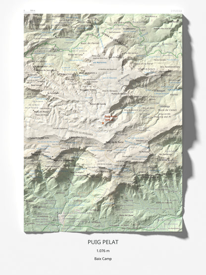 Mapa de relieve de Puig Pelat, 1076 m, Baix Camp, lámina 100 Cims de Trobart 30 × 40 cm.
