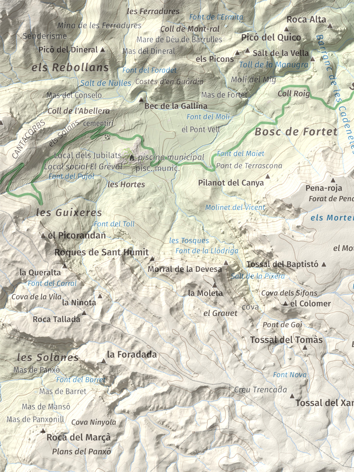 Mapa de relieve de Puig Pelat, 1076 m, Baix Camp, lámina 100 Cims de Trobart. Detalle de la zona superior izquierda. 30 × 40 cm.