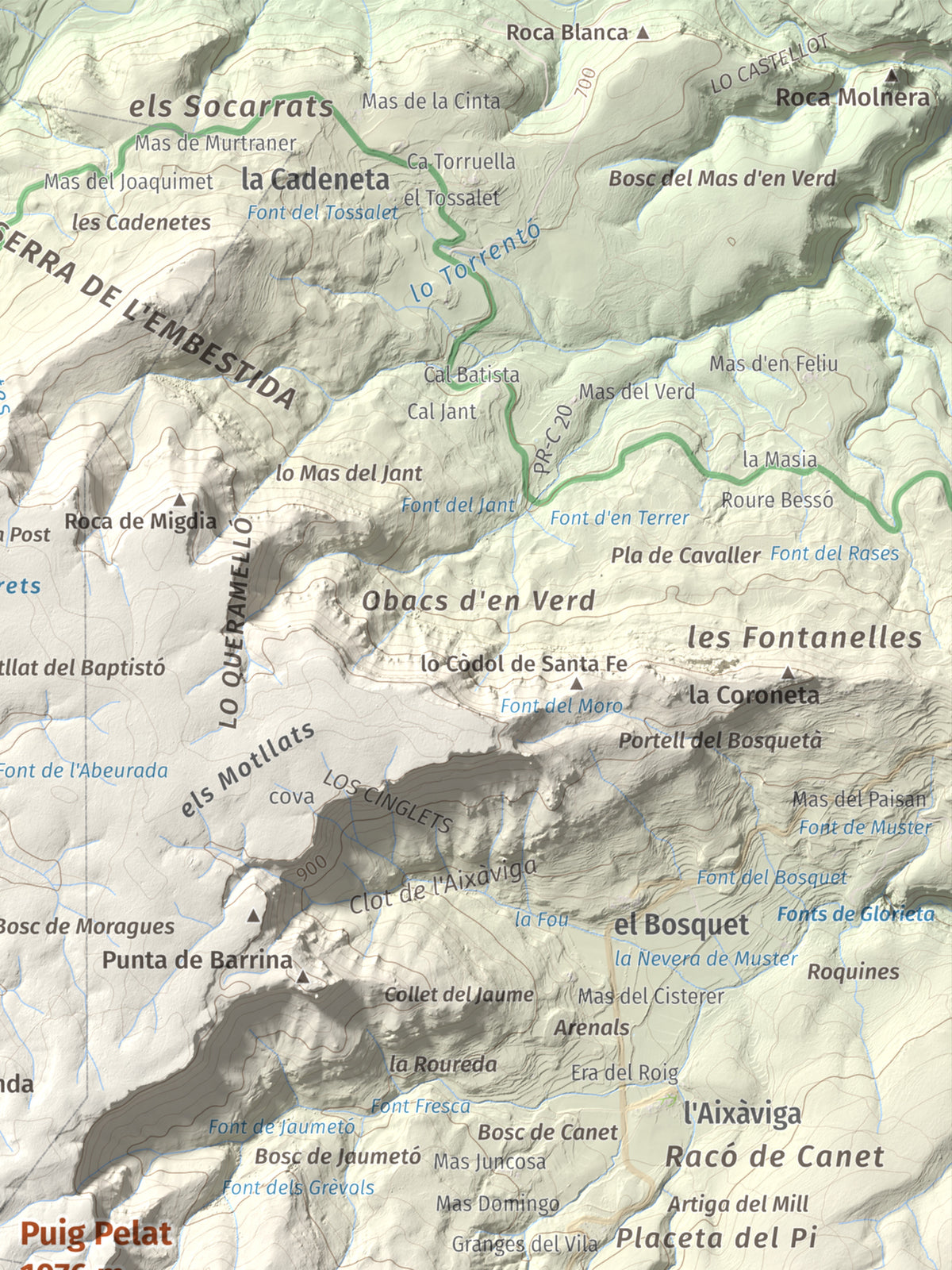 Mapa de relieve de Puig Pelat, 1076 m, Baix Camp, lámina 100 Cims de Trobart. Detalle de la zona superior derecha. 30 × 40 cm.