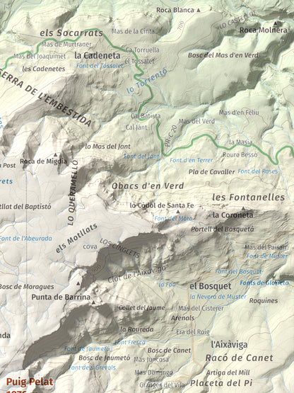 Mapa de relieve de Puig Pelat, 1076 m, Baix Camp, lámina 100 Cims de Trobart. Detalle de la zona superior derecha. 30 × 40 cm.
