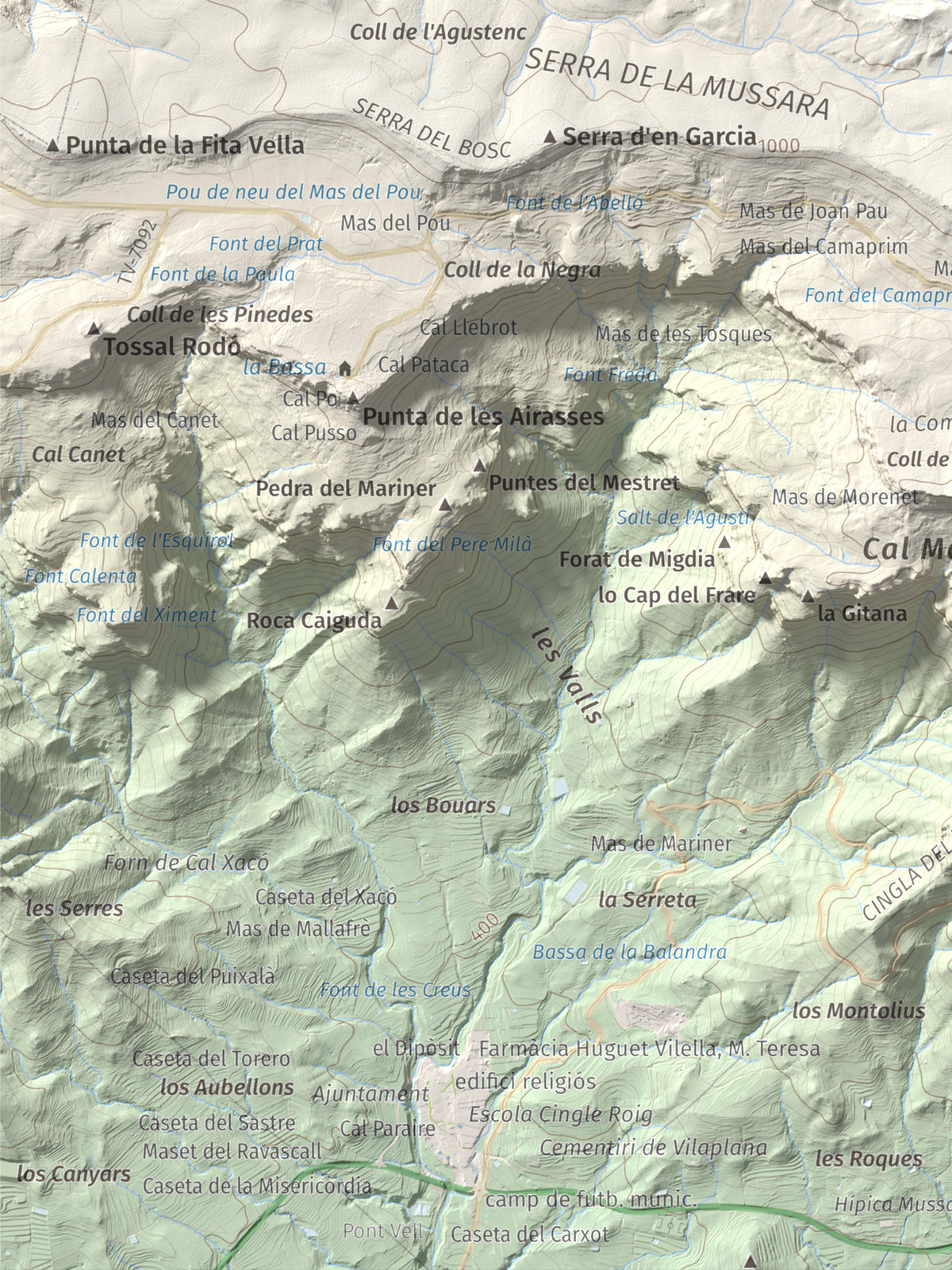 Mapa de relieve de Puig Pelat, 1076 m, Baix Camp, lámina 100 Cims de Trobart. Detalle de la zona inferior izquierda. 30 × 40 cm.