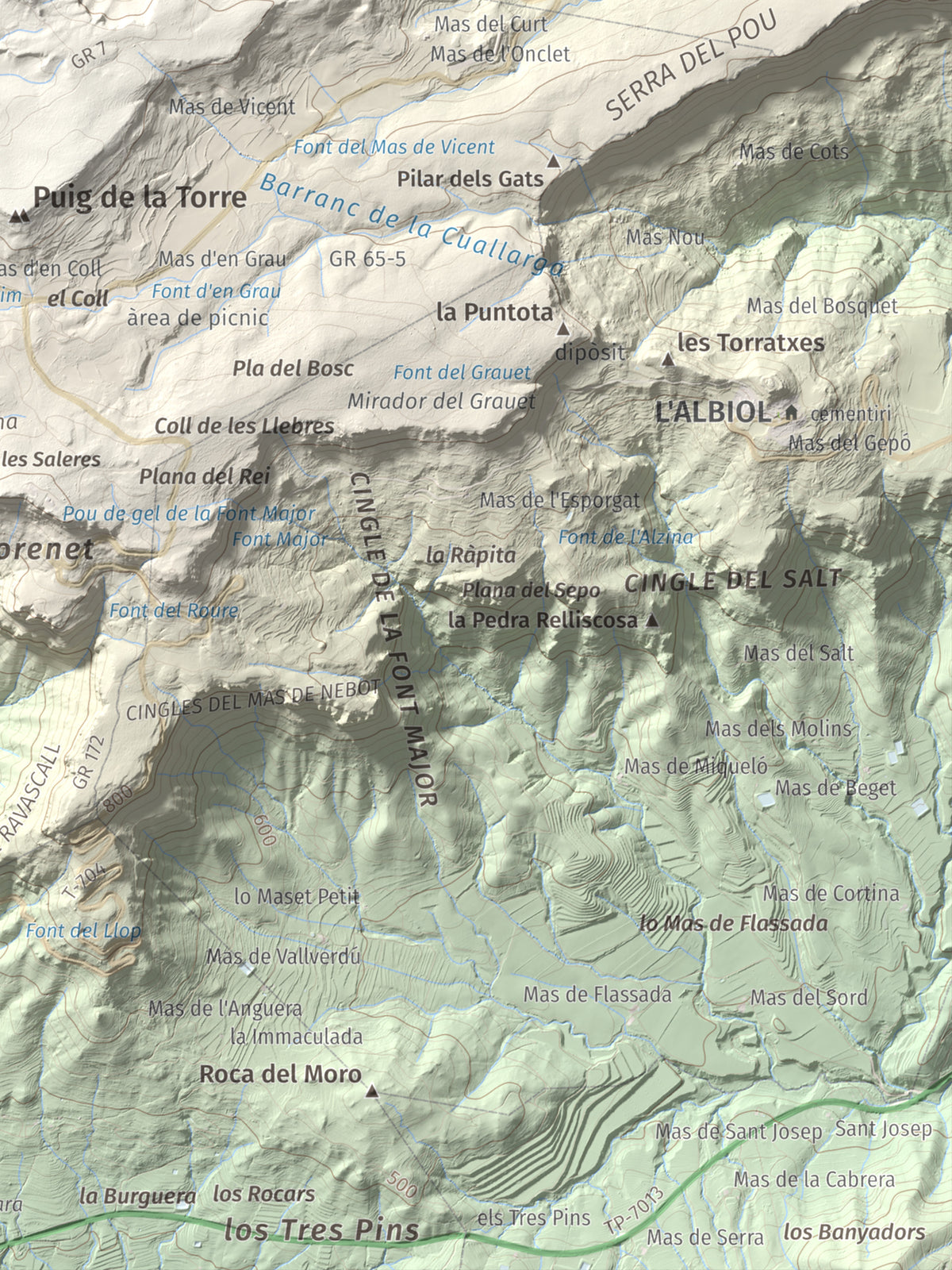 Mapa de relieve de Puig Pelat, 1076 m, Baix Camp, lámina 100 Cims de Trobart. Detalle de la zona inferior derecha. 30 × 40 cm.