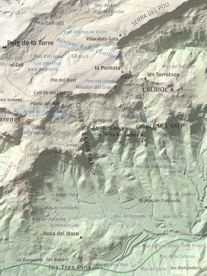 Mapa de relieve de Puig Pelat, 1076 m, Baix Camp, lámina 100 Cims de Trobart. Detalle de la zona inferior derecha. 30 × 40 cm.