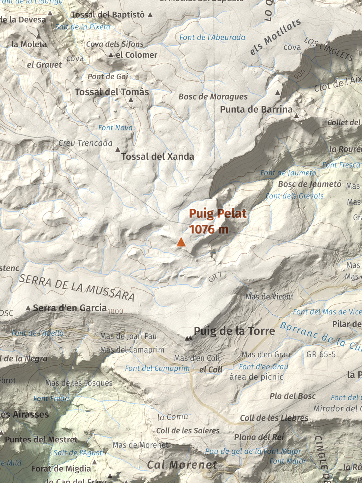 Mapa de relieve de Puig Pelat, 1076 m, Baix Camp, lámina 100 Cims de Trobart. Detalle de la zona central. 30 × 40 cm.