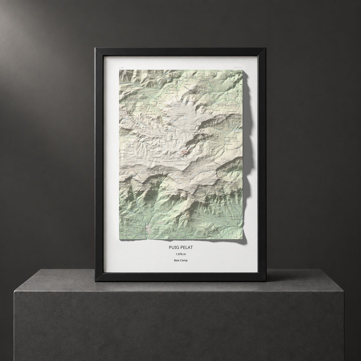 Mapa de relieve de Puig Pelat, 1076 m, Baix Camp, lámina 100 Cims de Trobart. Presentación enmarcada. 50 × 70 cm.