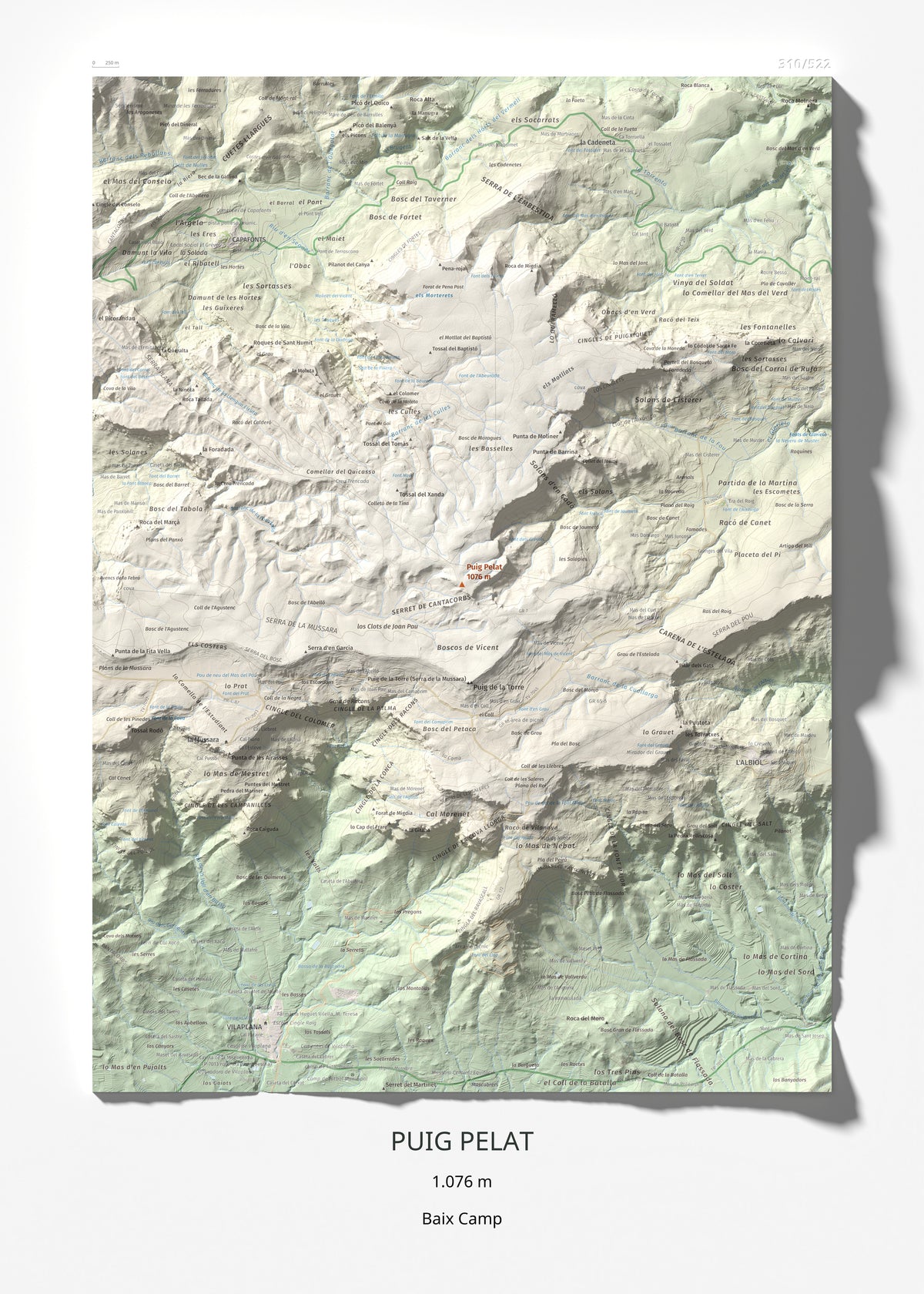 Mapa de relieve de Puig Pelat, 1076 m, Baix Camp, lámina 100 Cims de Trobart 50 × 70 cm.