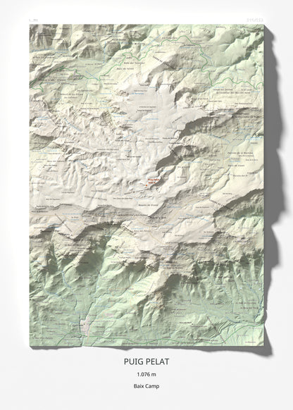 Mapa de relieve de Puig Pelat, 1076 m, Baix Camp, lámina 100 Cims de Trobart 50 × 70 cm.