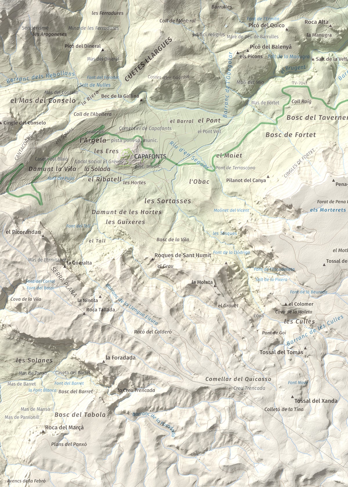 Mapa de relieve de Puig Pelat, 1076 m, Baix Camp, lámina 100 Cims de Trobart. Detalle de la zona superior izquierda. 50 × 70 cm.