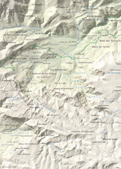Mapa de relieve de Puig Pelat, 1076 m, Baix Camp, lámina 100 Cims de Trobart. Detalle de la zona superior izquierda. 50 × 70 cm.