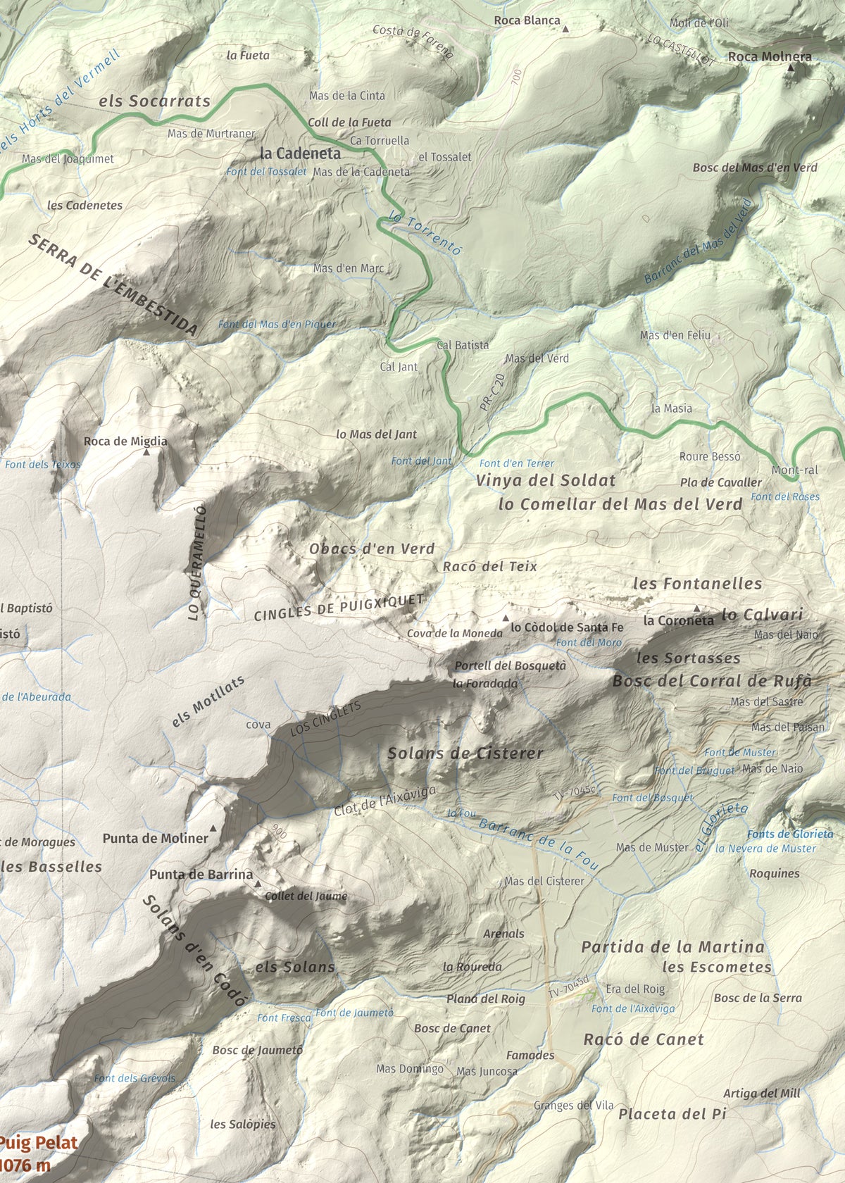 Mapa de relieve de Puig Pelat, 1076 m, Baix Camp, lámina 100 Cims de Trobart. Detalle de la zona superior derecha. 50 × 70 cm.