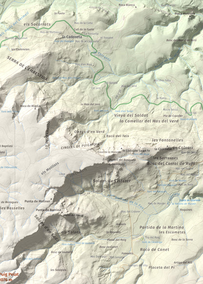 Mapa de relieve de Puig Pelat, 1076 m, Baix Camp, lámina 100 Cims de Trobart. Detalle de la zona superior derecha. 50 × 70 cm.