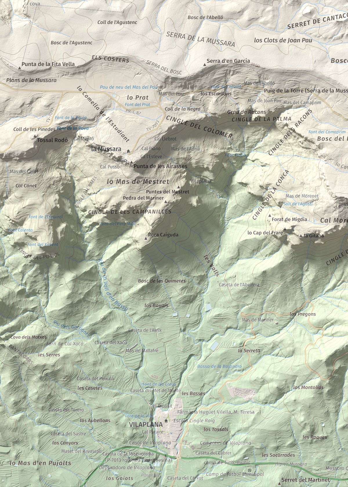 Mapa de relieve de Puig Pelat, 1076 m, Baix Camp, lámina 100 Cims de Trobart. Detalle de la zona inferior izquierda. 50 × 70 cm.