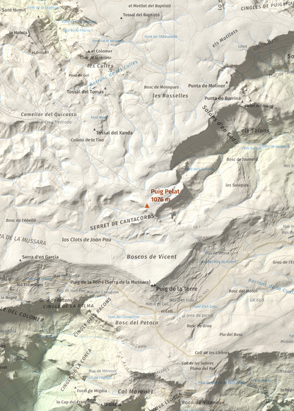Mapa de relieve de Puig Pelat, 1076 m, Baix Camp, lámina 100 Cims de Trobart. Detalle de la zona central. 50 × 70 cm.