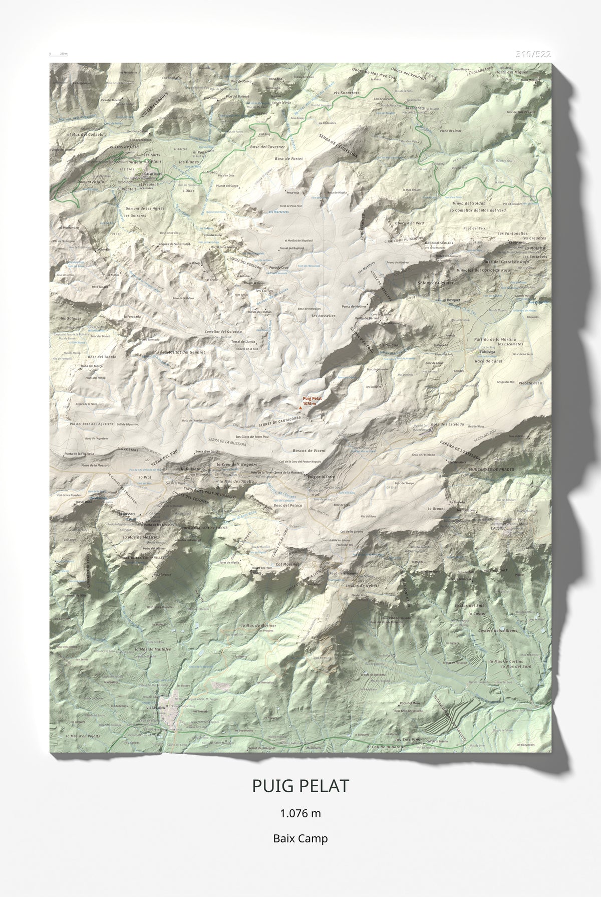 Mapa de relieve de Puig Pelat, 1076 m, Baix Camp, lámina 100 Cims de Trobart 61 × 91 cm.