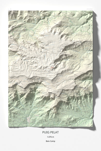 Mapa de relieve de Puig Pelat, 1076 m, Baix Camp, lámina 100 Cims de Trobart 61 × 91 cm.