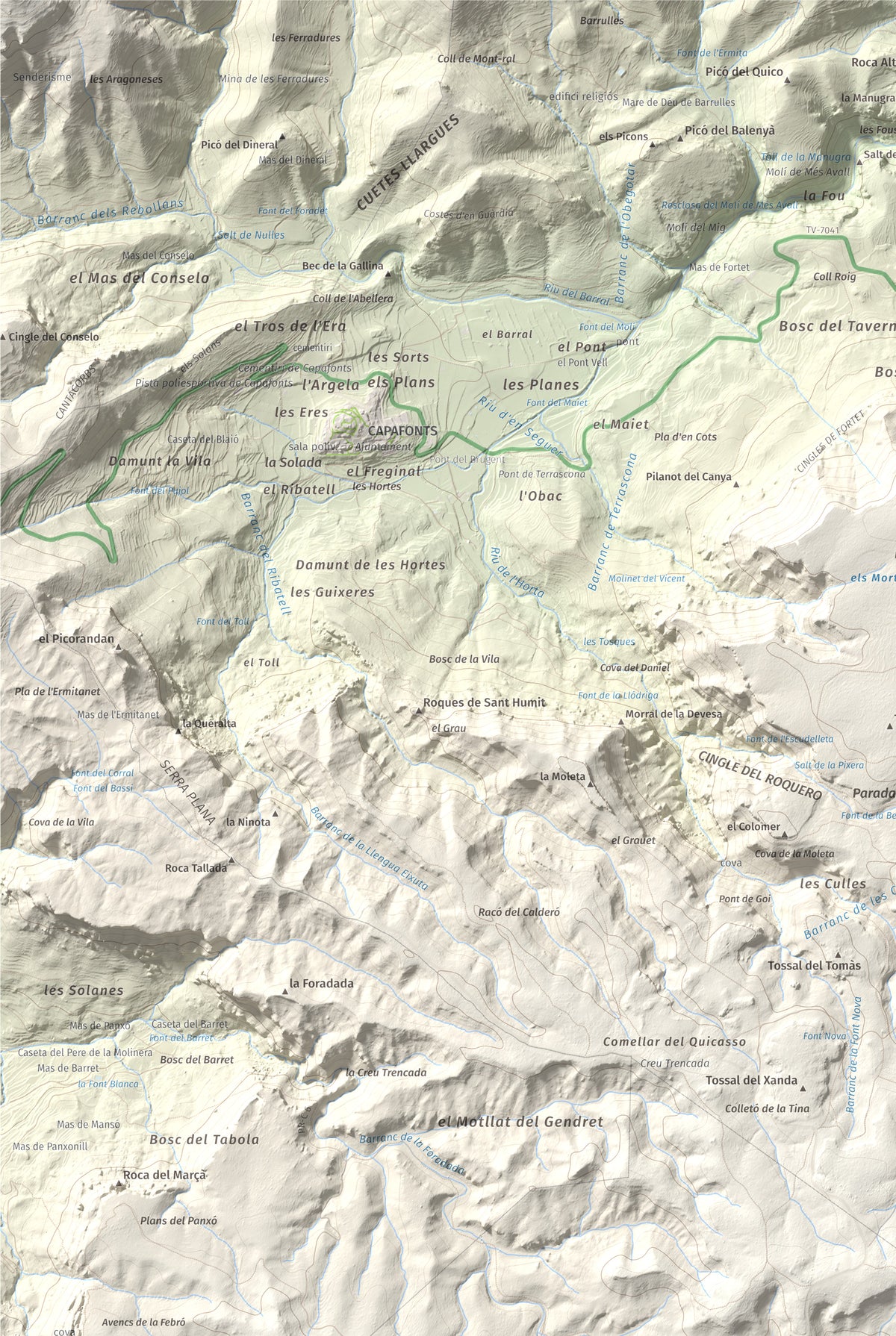 Mapa de relieve de Puig Pelat, 1076 m, Baix Camp, lámina 100 Cims de Trobart. Detalle de la zona superior izquierda. 61 × 91 cm.