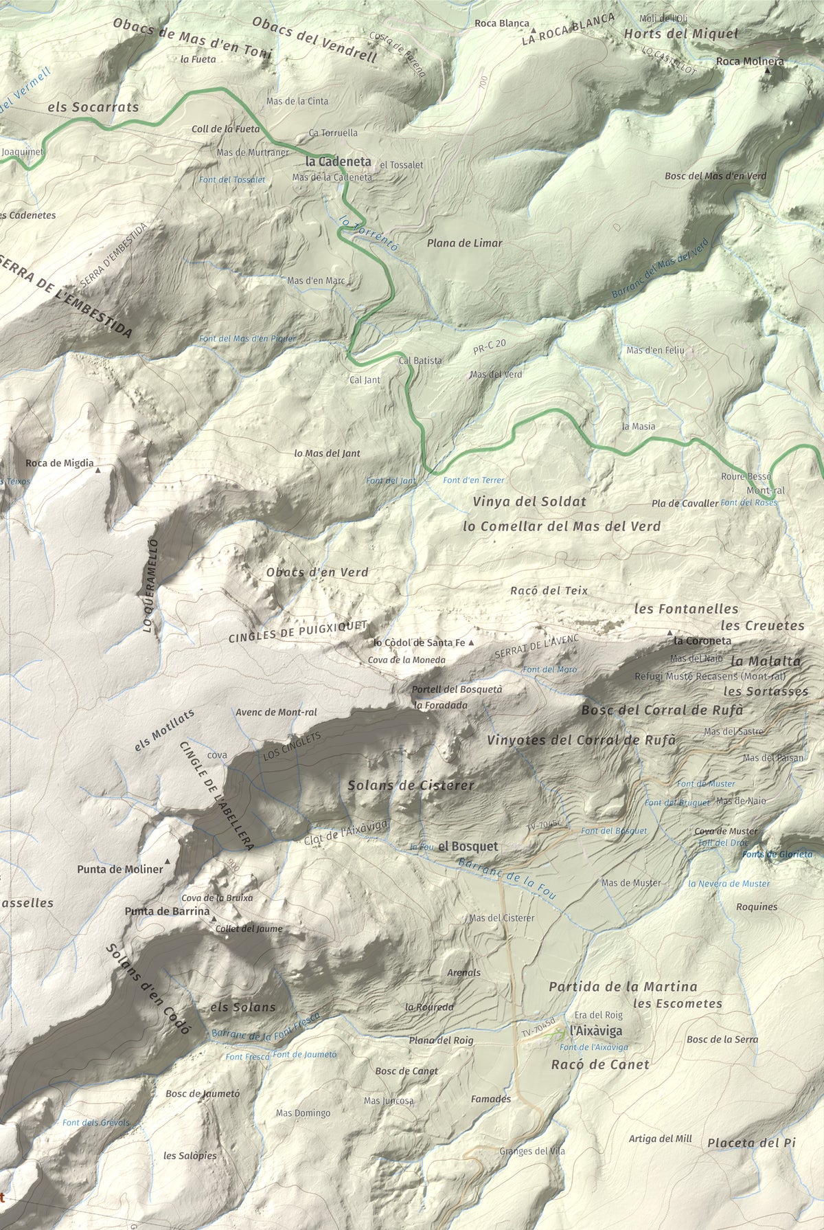 Mapa de relieve de Puig Pelat, 1076 m, Baix Camp, lámina 100 Cims de Trobart. Detalle de la zona superior derecha. 61 × 91 cm.