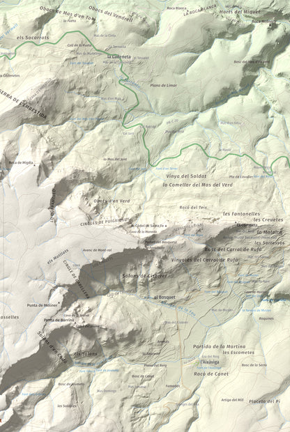 Mapa de relieve de Puig Pelat, 1076 m, Baix Camp, lámina 100 Cims de Trobart. Detalle de la zona superior derecha. 61 × 91 cm.