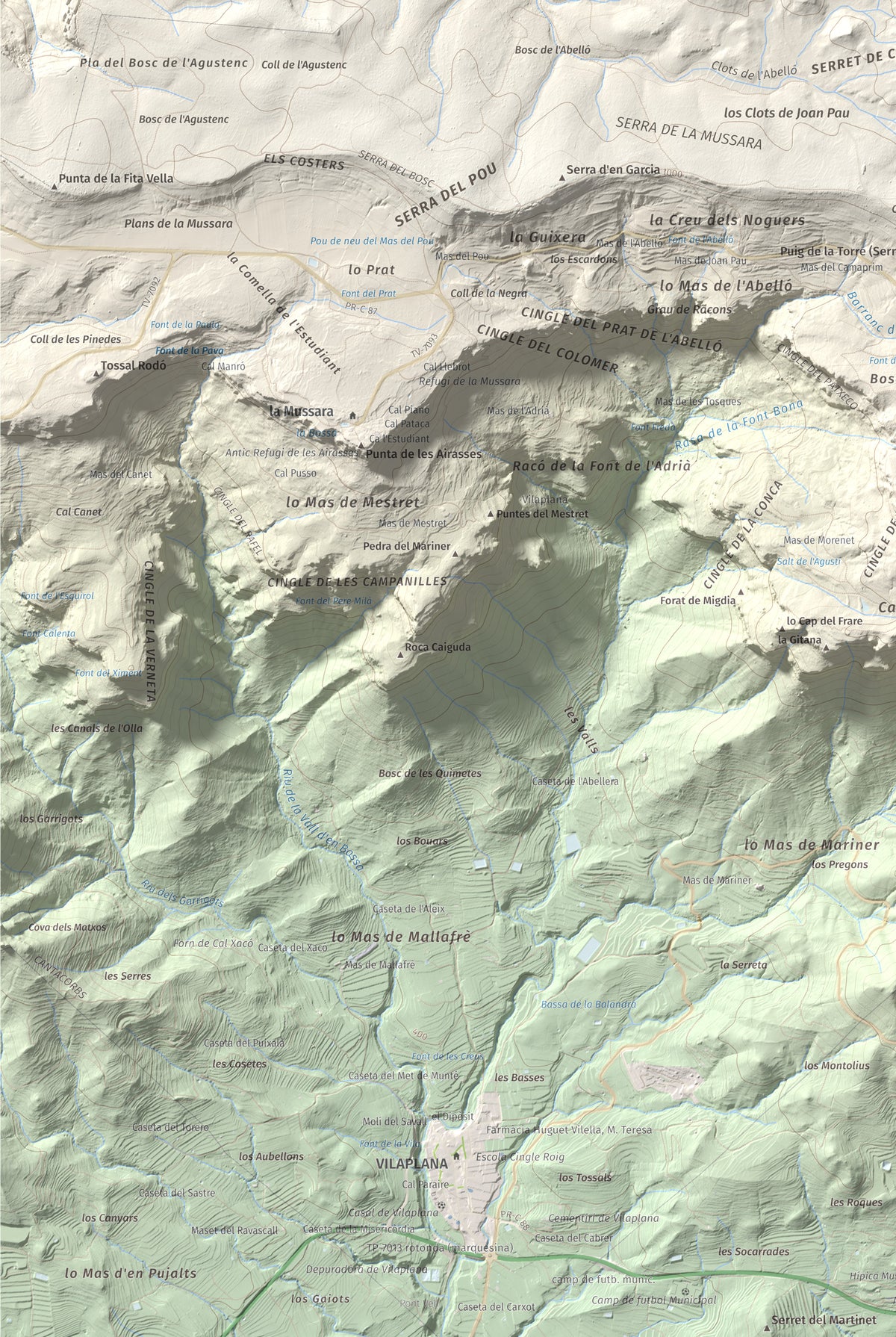 Mapa de relieve de Puig Pelat, 1076 m, Baix Camp, lámina 100 Cims de Trobart. Detalle de la zona inferior izquierda. 61 × 91 cm.