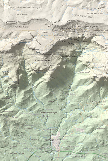 Mapa de relieve de Puig Pelat, 1076 m, Baix Camp, lámina 100 Cims de Trobart. Detalle de la zona inferior izquierda. 61 × 91 cm.