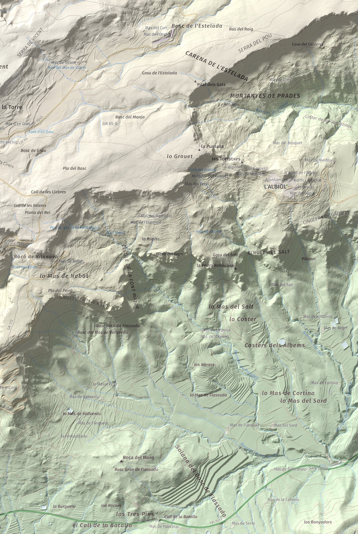 Mapa de relieve de Puig Pelat, 1076 m, Baix Camp, lámina 100 Cims de Trobart. Detalle de la zona inferior derecha. 61 × 91 cm.