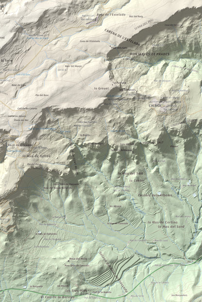 Mapa de relieve de Puig Pelat, 1076 m, Baix Camp, lámina 100 Cims de Trobart. Detalle de la zona inferior derecha. 61 × 91 cm.