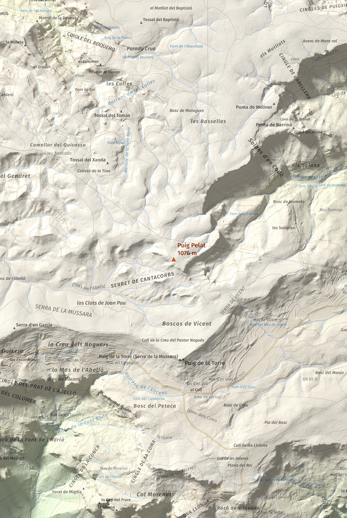 Mapa de relieve de Puig Pelat, 1076 m, Baix Camp, lámina 100 Cims de Trobart. Detalle de la zona central. 61 × 91 cm.