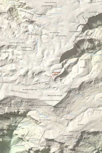 Mapa de relieve de Puig Pelat, 1076 m, Baix Camp, lámina 100 Cims de Trobart. Detalle de la zona central. 61 × 91 cm.