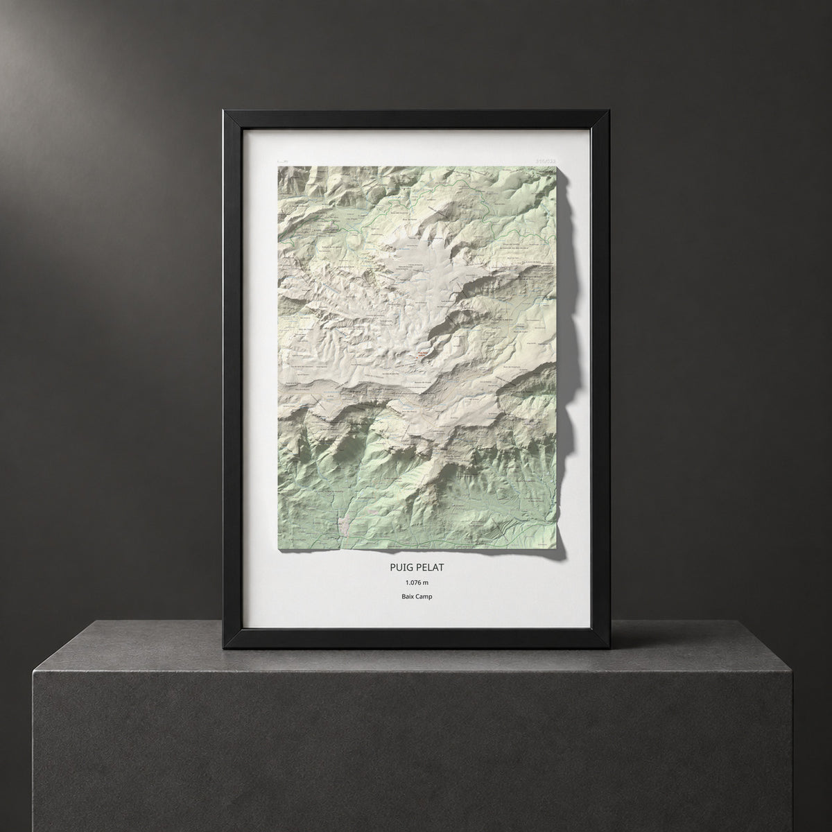 Mapa de relieve de Puig Pelat, 1076 m, Baix Camp, lámina 100 Cims de Trobart. Presentación enmarcada. 70 × 100 cm.