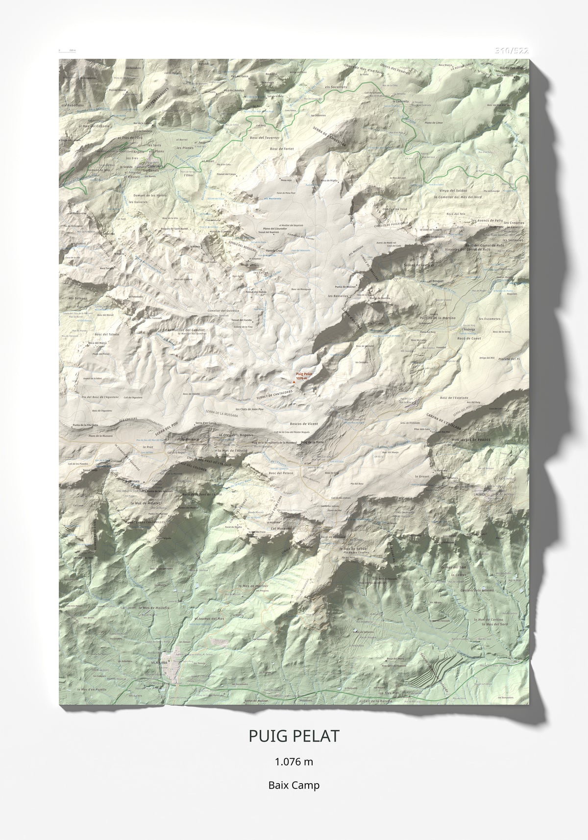 Mapa de relieve de Puig Pelat, 1076 m, Baix Camp, lámina 100 Cims de Trobart 70 × 100 cm.