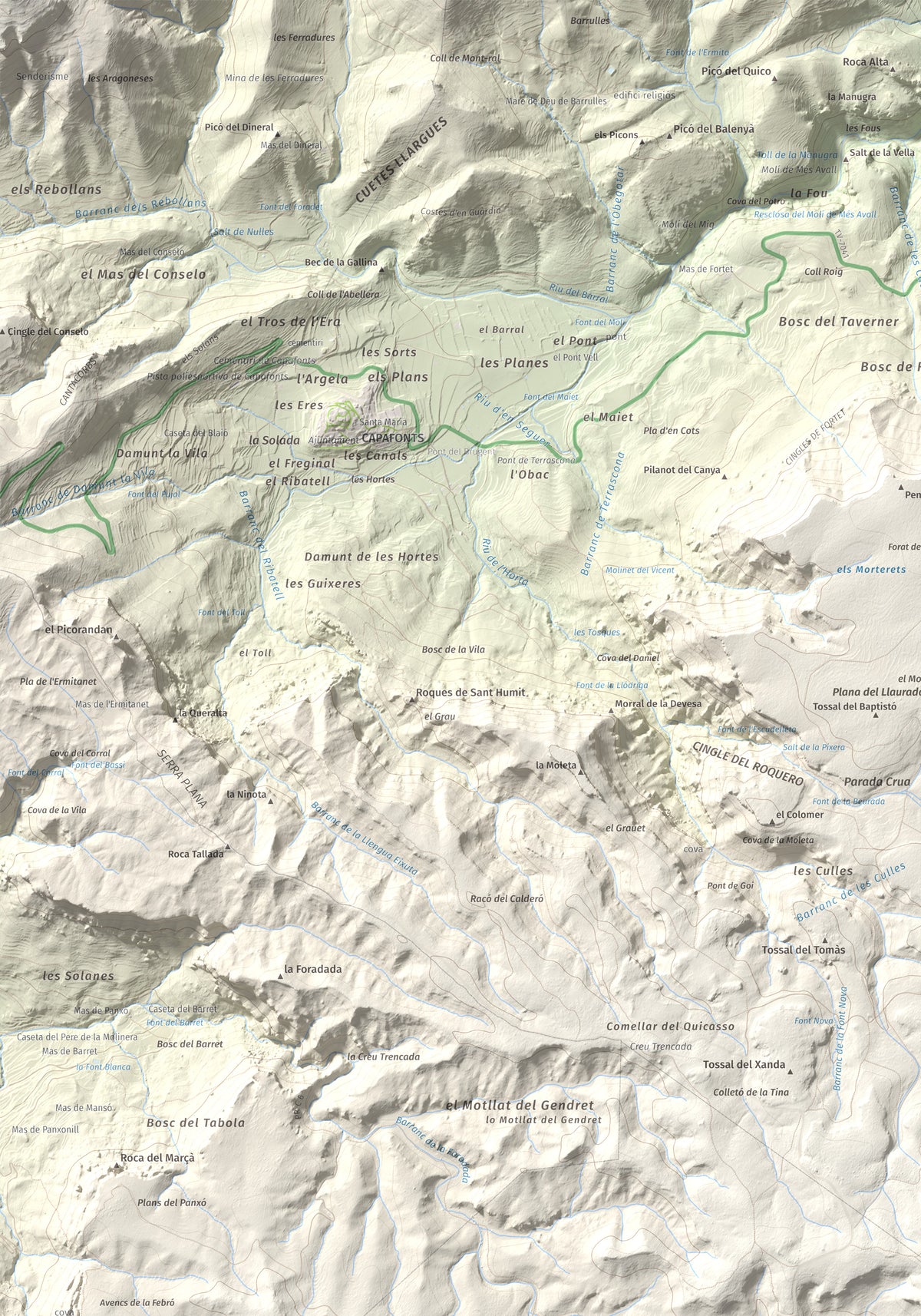 Mapa de relieve de Puig Pelat, 1076 m, Baix Camp, lámina 100 Cims de Trobart. Detalle de la zona superior izquierda. 70 × 100 cm.
