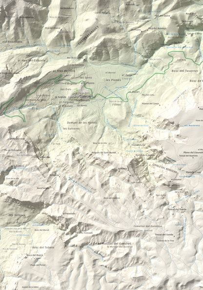 Mapa de relieve de Puig Pelat, 1076 m, Baix Camp, lámina 100 Cims de Trobart. Detalle de la zona superior izquierda. 70 × 100 cm.