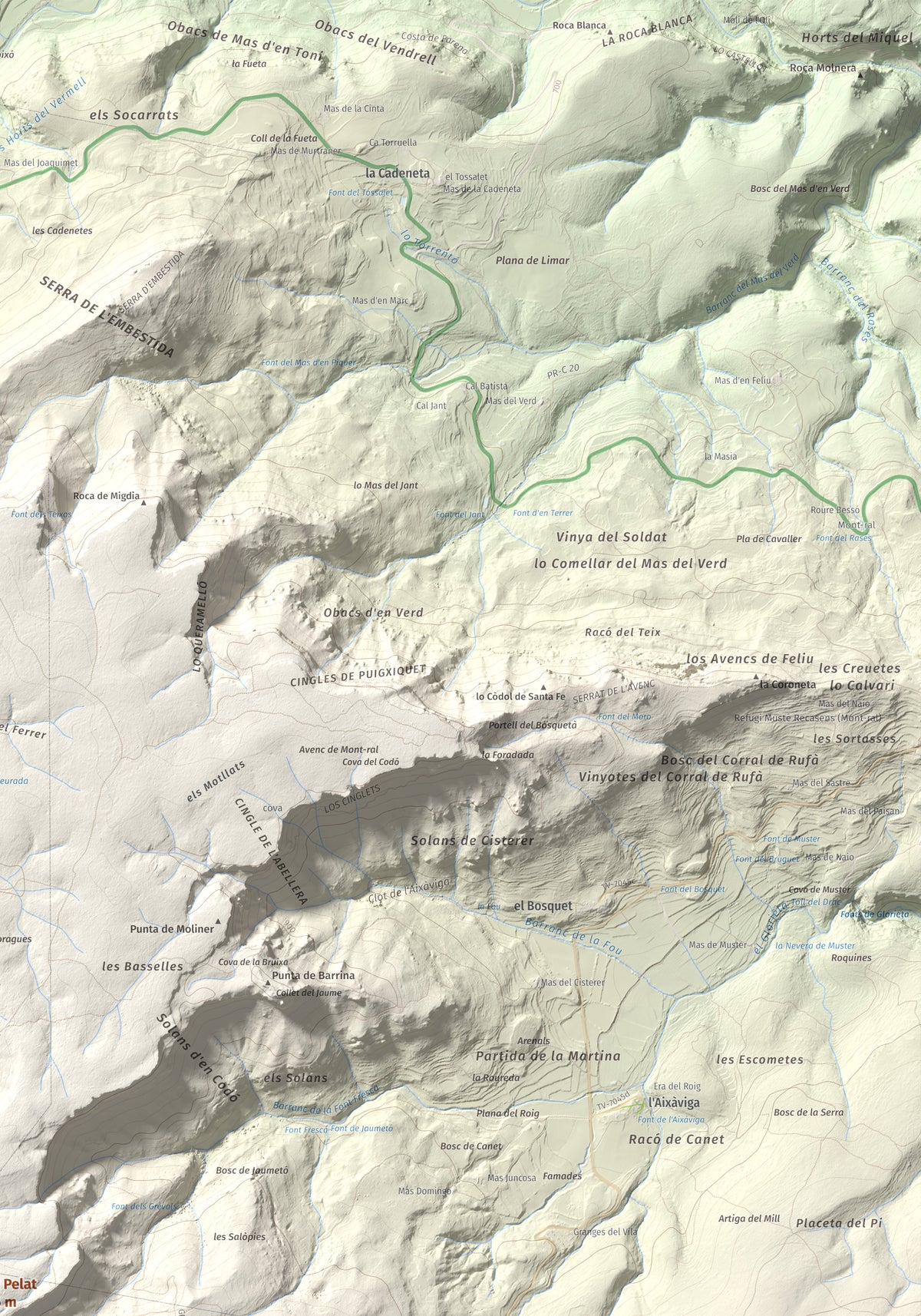 Mapa de relieve de Puig Pelat, 1076 m, Baix Camp, lámina 100 Cims de Trobart. Detalle de la zona superior derecha. 70 × 100 cm.