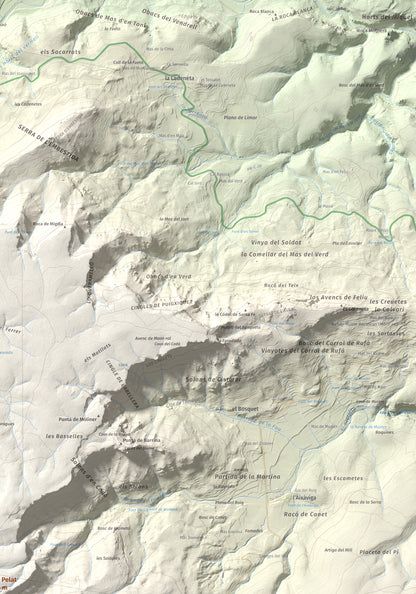 Mapa de relieve de Puig Pelat, 1076 m, Baix Camp, lámina 100 Cims de Trobart. Detalle de la zona superior derecha. 70 × 100 cm.
