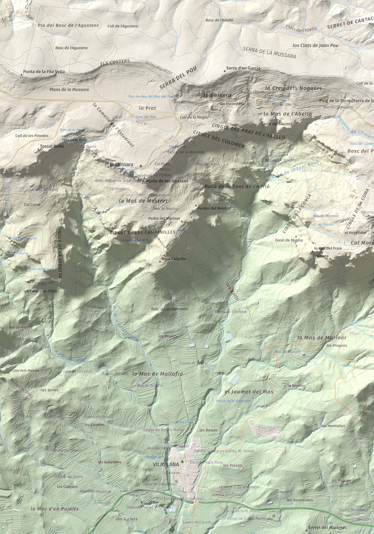 Mapa de relieve de Puig Pelat, 1076 m, Baix Camp, lámina 100 Cims de Trobart. Detalle de la zona inferior izquierda. 70 × 100 cm.