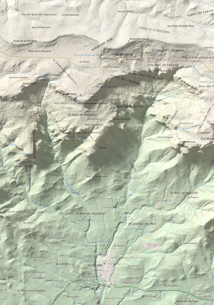 Mapa de relieve de Puig Pelat, 1076 m, Baix Camp, lámina 100 Cims de Trobart. Detalle de la zona inferior izquierda. 70 × 100 cm.