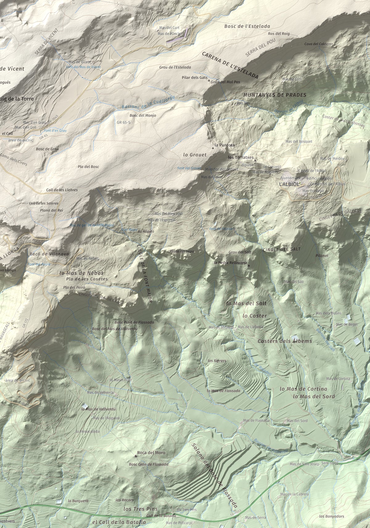 Mapa de relieve de Puig Pelat, 1076 m, Baix Camp, lámina 100 Cims de Trobart. Detalle de la zona inferior derecha. 70 × 100 cm.