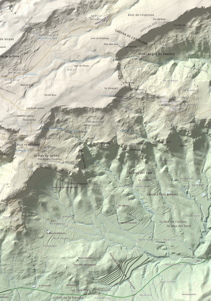 Mapa de relieve de Puig Pelat, 1076 m, Baix Camp, lámina 100 Cims de Trobart. Detalle de la zona inferior derecha. 70 × 100 cm.