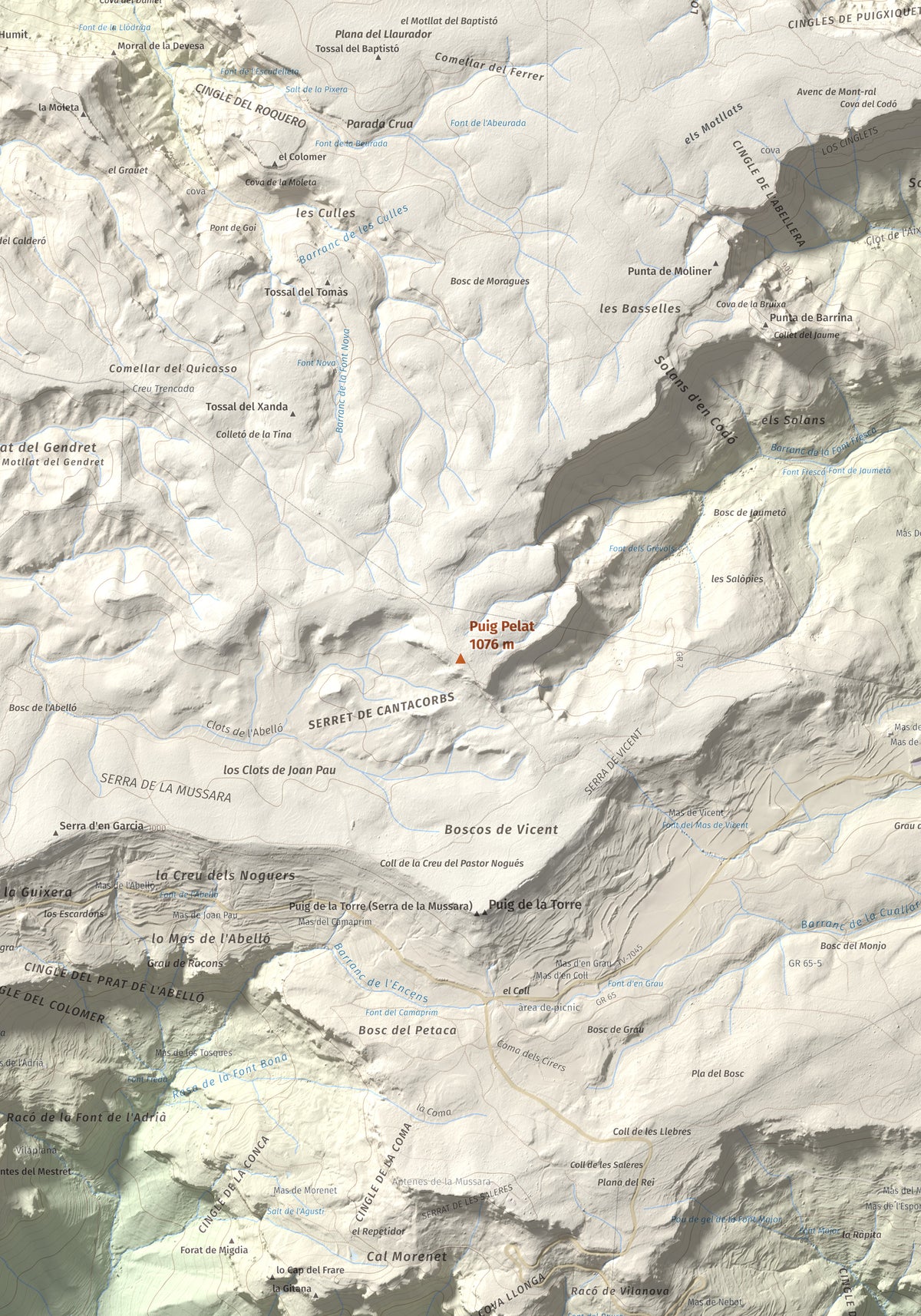 Mapa de relieve de Puig Pelat, 1076 m, Baix Camp, lámina 100 Cims de Trobart. Detalle de la zona central. 70 × 100 cm.