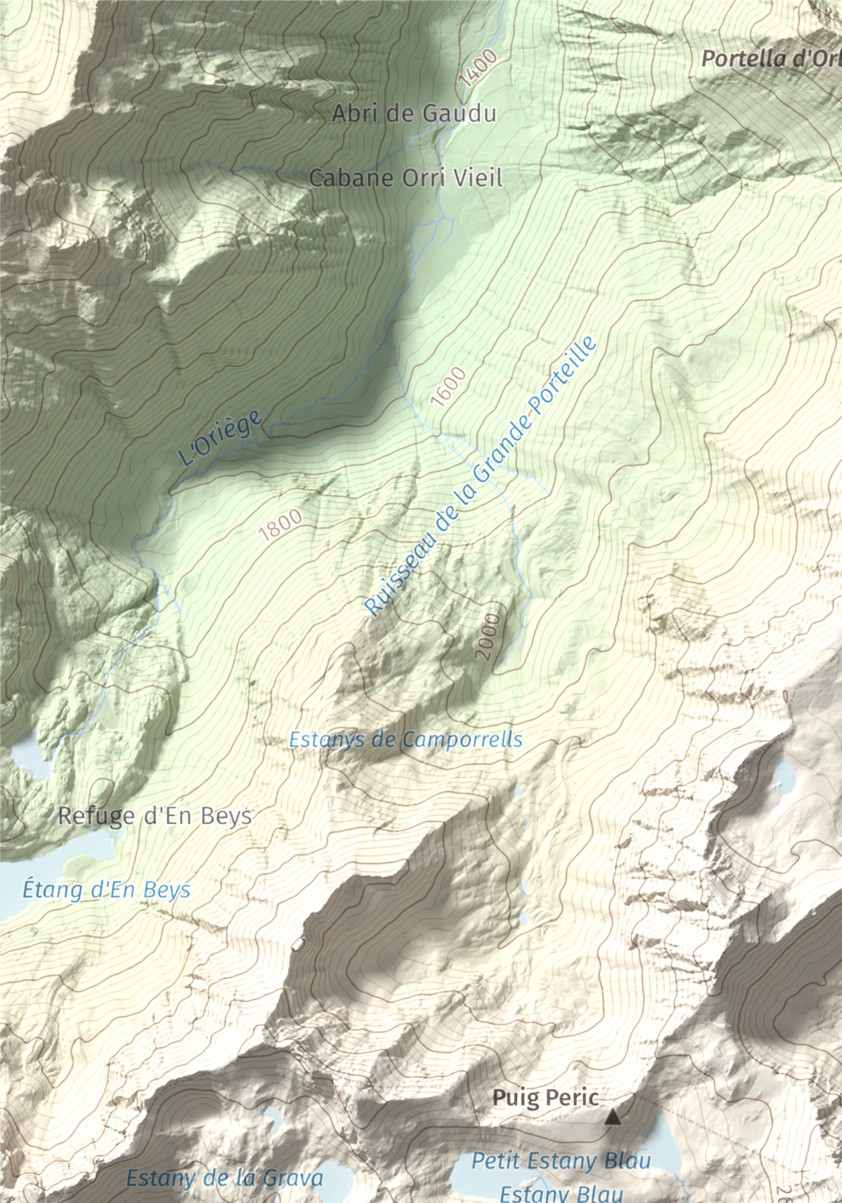 Mapa de relieve de Puig Peric, 2810 m, Capcir · Cerdanya Nord, lámina 100 Cims de Trobart. Detalle de la zona superior izquierda. 21 × 30 cm.