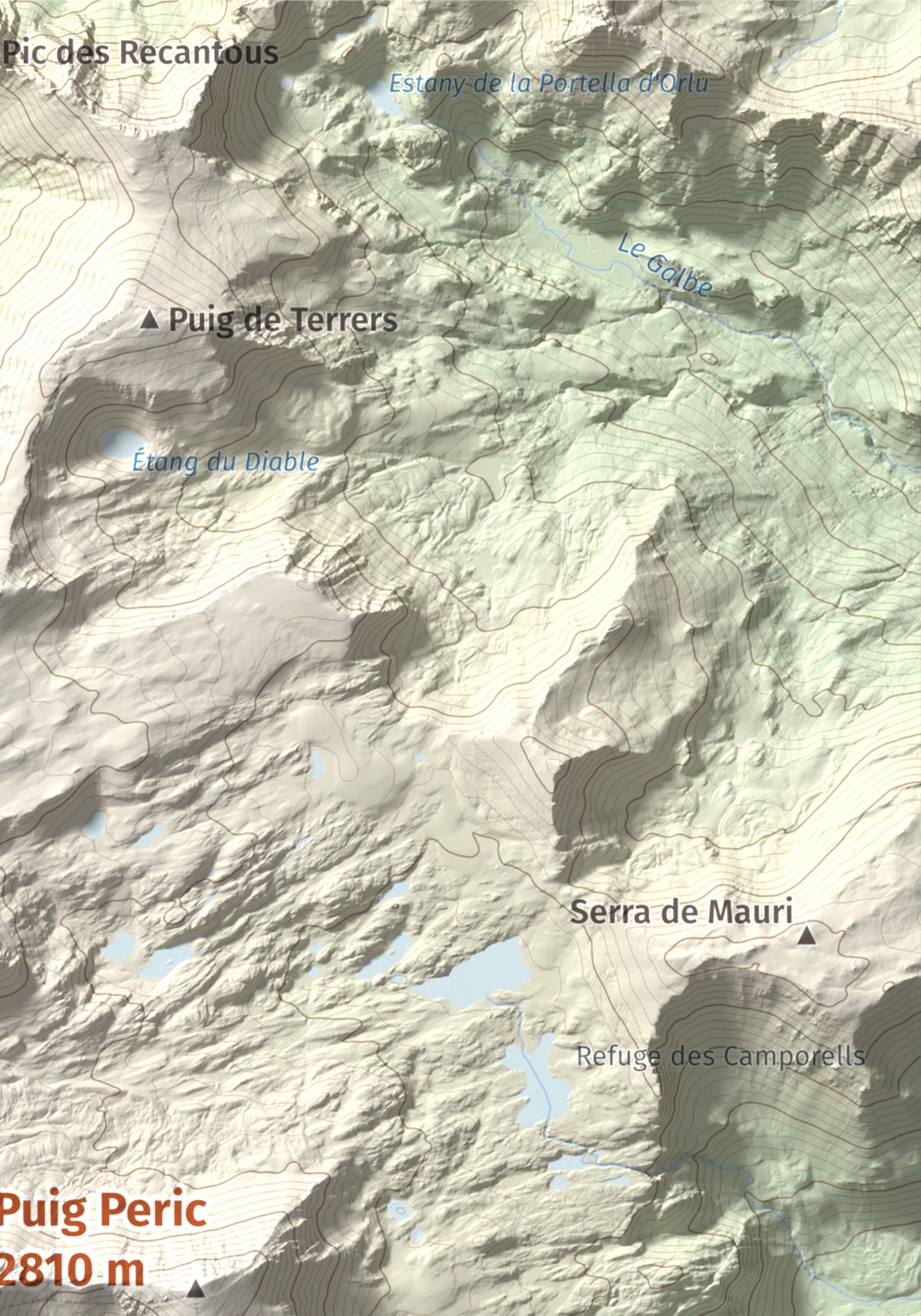 Mapa de relieve de Puig Peric, 2810 m, Capcir · Cerdanya Nord, lámina 100 Cims de Trobart. Detalle de la zona superior derecha. 21 × 30 cm.
