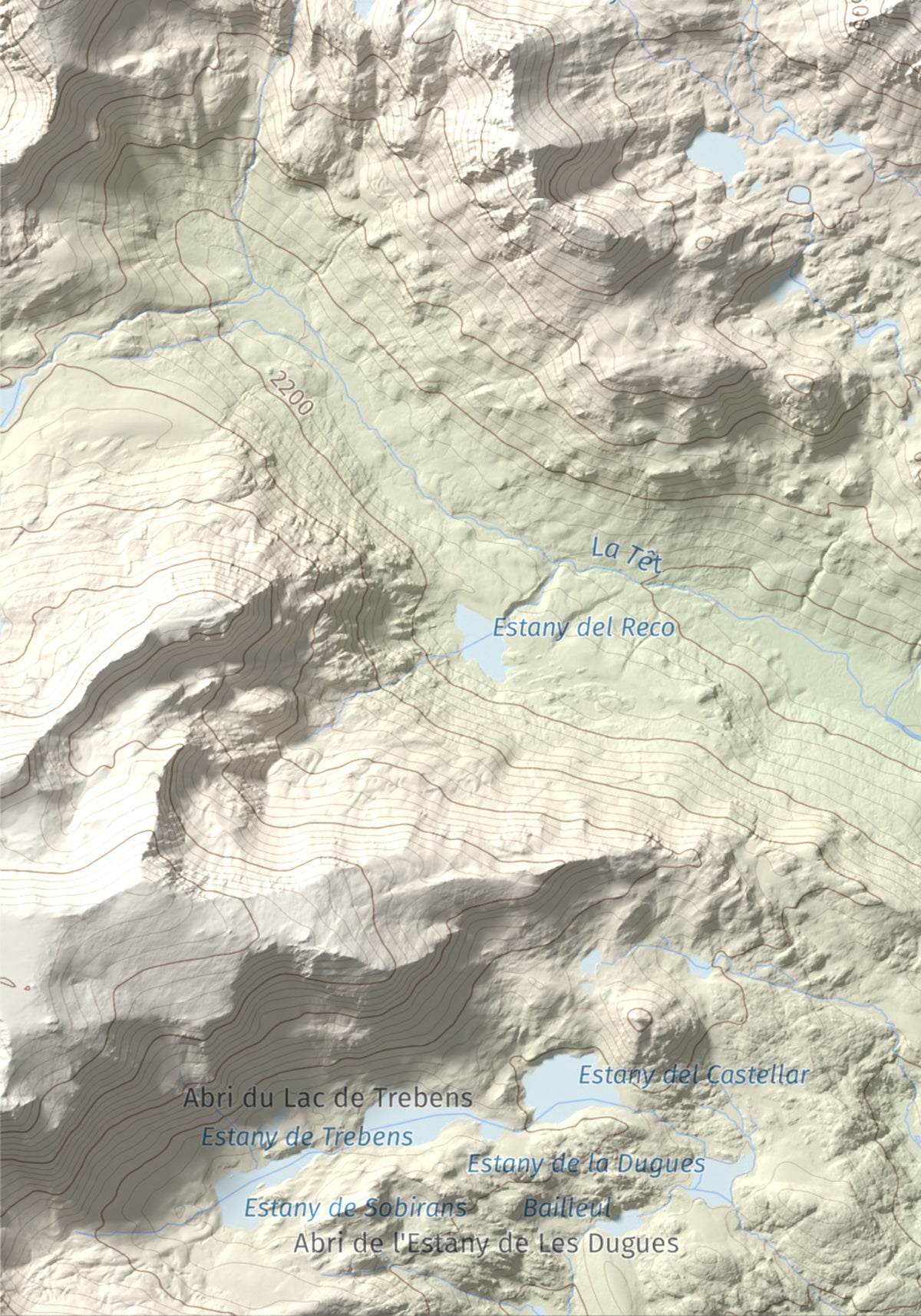Mapa de relieve de Puig Peric, 2810 m, Capcir · Cerdanya Nord, lámina 100 Cims de Trobart. Detalle de la zona inferior izquierda. 21 × 30 cm.