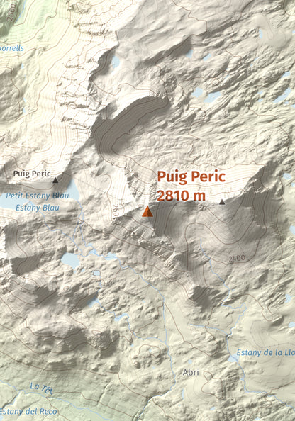 Mapa de relieve de Puig Peric, 2810 m, Capcir · Cerdanya Nord, lámina 100 Cims de Trobart. Detalle de la zona central. 21 × 30 cm.