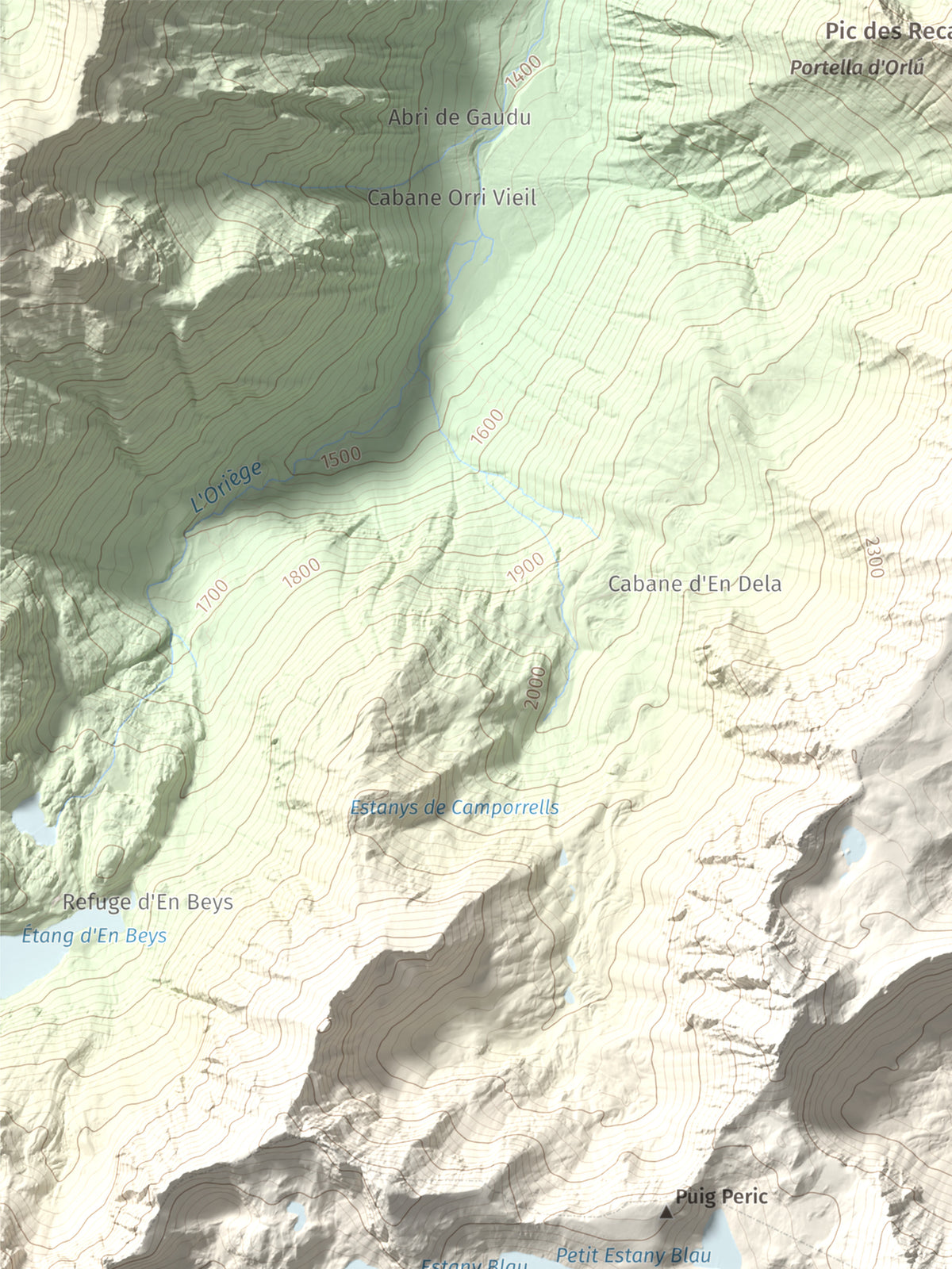 Mapa de relieve de Puig Peric, 2810 m, Capcir · Cerdanya Nord, lámina 100 Cims de Trobart. Detalle de la zona superior izquierda. 30 × 40 cm.